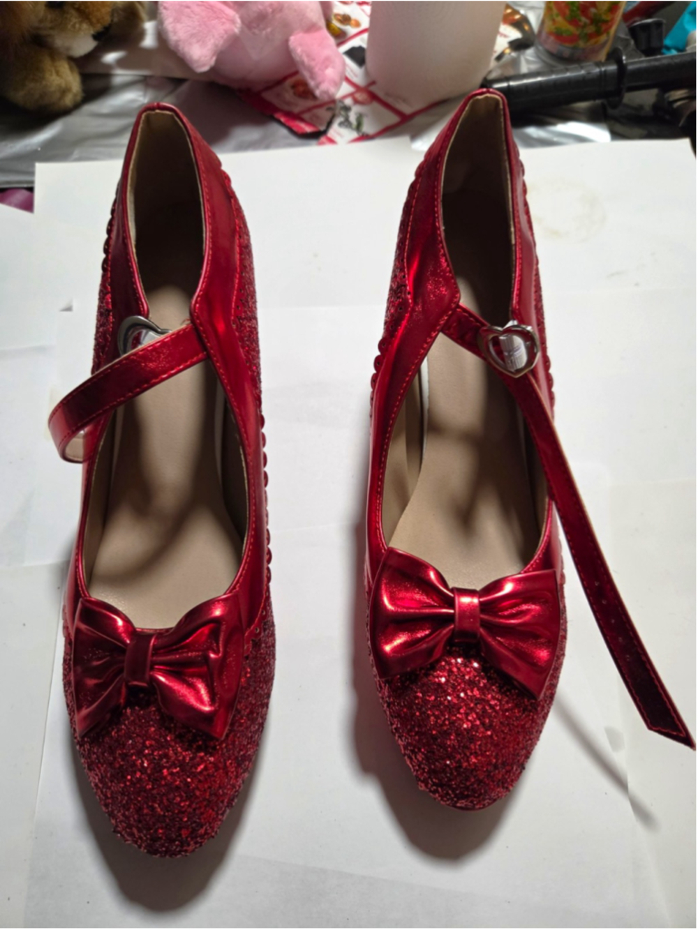 Red Glitter Platform Block Heel Mary Jane Bow Shoes Dorothy Costume Drag EU 48